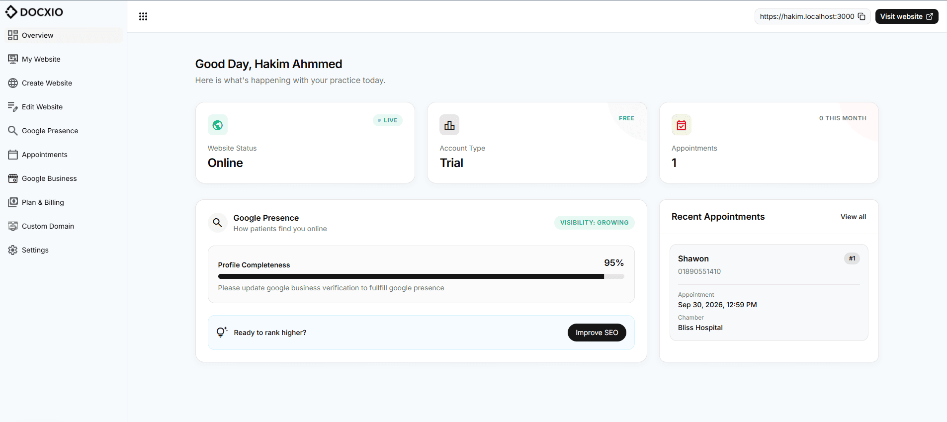 Docxio Doctor Portal Dashboard - Live Practice Management